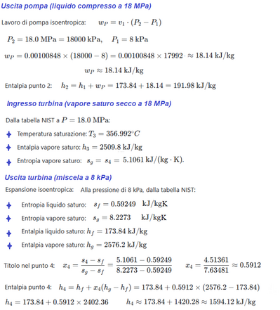 Calcolo ciclo Rankine con acqua come fluido 2.