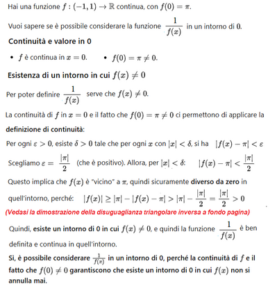 Continuità e definizione di 1 su f in 0 a