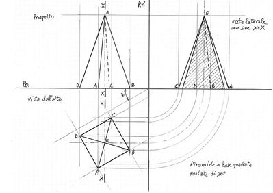 Piramide a base quadrata ruotata di 30°    proiezioni ortogonali