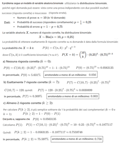 Calcolo probabilità risposte esatte test 