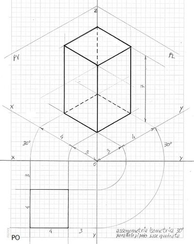 parallelepipedo a base quadrata assonometria isometrica 30° 2