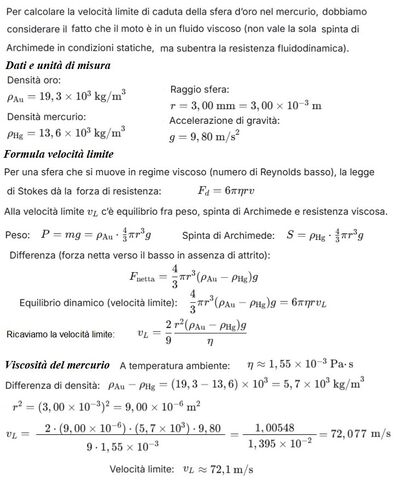 Calcolo velocità limite sfera oro mercurio 1 