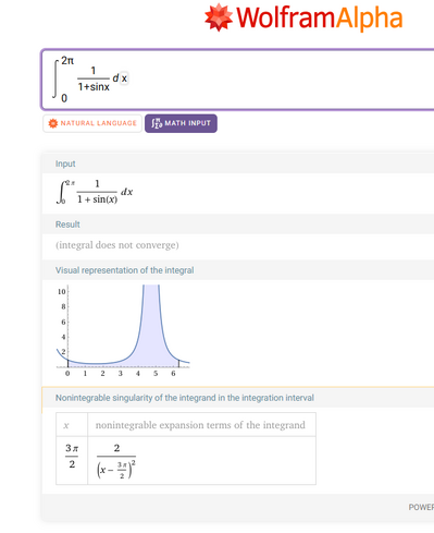 314   Integrate[Divide[1,1+sinx],{x,0,2π}]   Wolfram Alpha   [www.wolframalpha.com]
