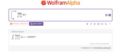 Integrate[Divide[logx,Power[x,7]+1],{x,0,+ ∞}]   Wolfram