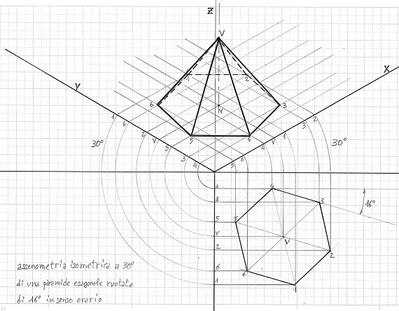 piramide esagonale ruotata 16° assonometria isometrica 30°