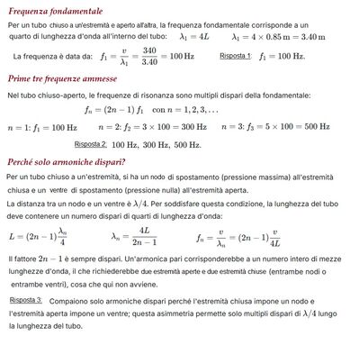 Frequenza fondamentale e armoniche dispari tubo chiuso aperto 