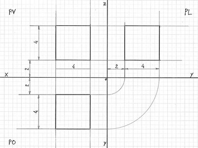 cubo proiezioni ortogonali a 2 cm dai piani