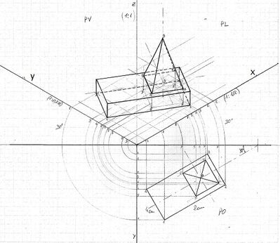 parallelepipedo con piramide assonometria isometrica