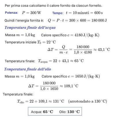 Calcolo temperatura finale acqua e olio 