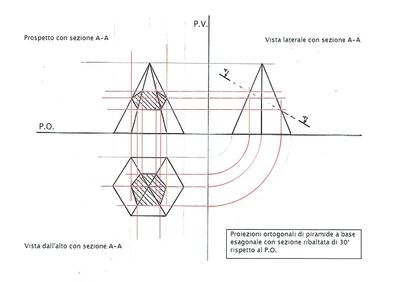 Proiezioni ortogonali piramide a base esagonale con sezione a 30° su PO