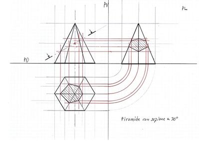 Proiezioni ortogonali piramide a base esagonale con sezione a 30° su PO 2
