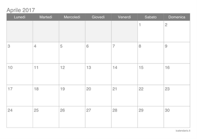 calendario aprile 2017