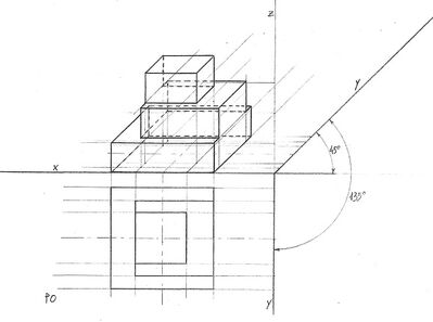 3 parallelepipedi sovrammessi assonometria cavaliera