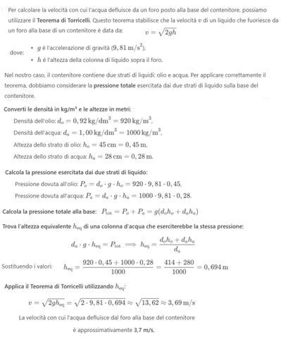 Calcolo velocità deflusso acqua foro contenitore