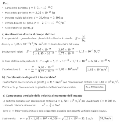 Calcolo accelerazione e velocità particella elettrica