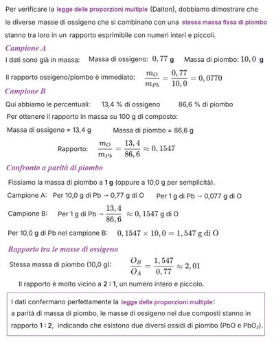 Verifica legge proporzioni multiple piombo ossigeno 