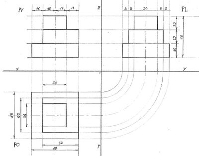 3 parallelepipedi sovrammessi proiezioni ortogonali con quote