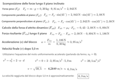 Calcolo velocità blocco su piano inclinato