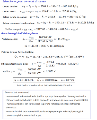 Calcolo ciclo Rankine con acqua come fluido 3.