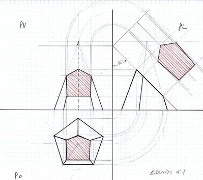piramide a base pentagonale viste ortogonali e sezione 45° e vera forma 2 (01122025)