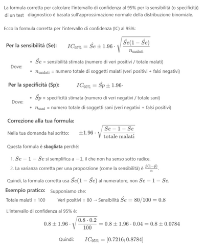 Formula intervallo confidenza sensibilità test