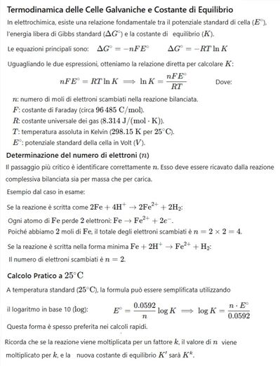 Termodinamica delle Celle Galvaniche e Costante di Equilibrio