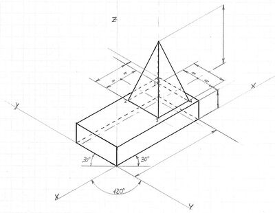 assonometria isometrica parallelepipedo + piramide