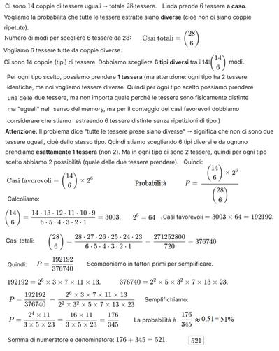 Calcolo probabilità tessere diverse in memory 