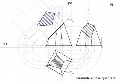 Piramide a base quadrata proiezioni ortogonali con sezione vera forma(21112025)